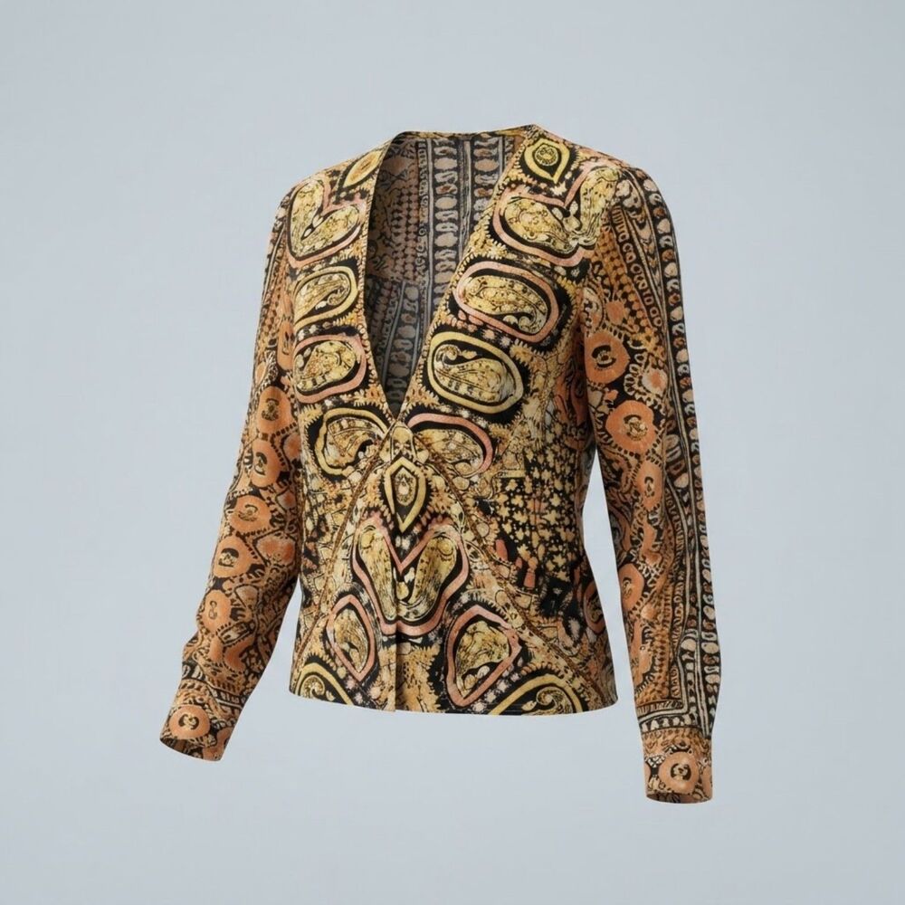 Free People Black & Orange Paisley Print Long Sleeve Boho Blouse